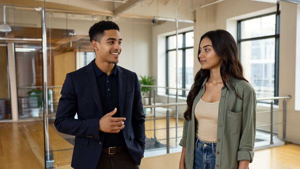 Zak and Sara having a professional discussion in a UK office environment, expressing engagement and thoughtful interaction about design trends in 2026.