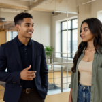 Zak and Sara having a professional discussion in a UK office environment, expressing engagement and thoughtful interaction about design trends in 2026.