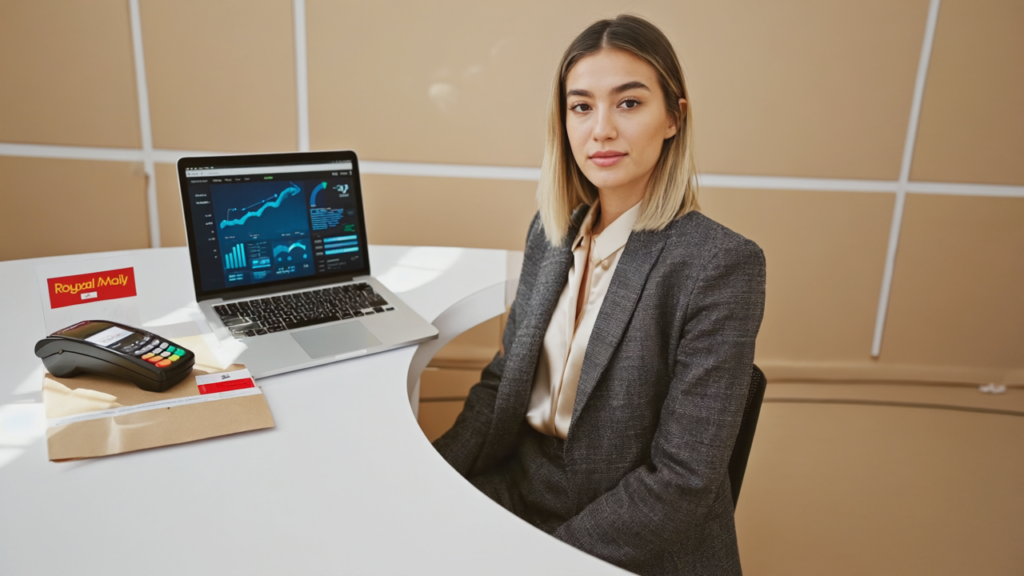 A UK small business owner working on a laptop displaying Shopify advanced analytics and payment options, illustrating advanced Shopify features for UK stores in a professional office setting.