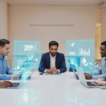 A diverse digital marketing team collaborating in a modern office, analyzing SEO and AI marketing data on laptops and tablets with a light beige background and subtle golden edges.