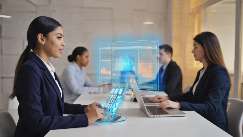 A professional woman using a sleek VoIP desktop phone in a modern UK office in 2026, with colleagues working on laptops showcasing call management software, symbolizing advanced VoIP technology adoption.