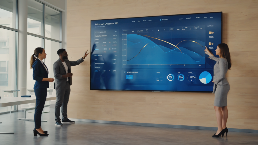 Team of UK professionals analyzing a Dynamics 365 CRM dashboard that highlights AI-driven relationship analytics and customer engagement data in a sleek office environment.
