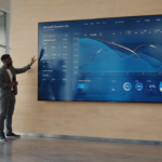 Team of UK professionals analyzing a Dynamics 365 CRM dashboard that highlights AI-driven relationship analytics and customer engagement data in a sleek office environment.