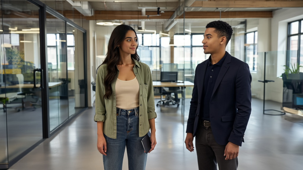 Sara and Zak engaging in a professional discussion about digital signage automation in a UK office environment.