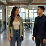 Sara and Zak engaging in a professional discussion about digital signage automation in a UK office environment.