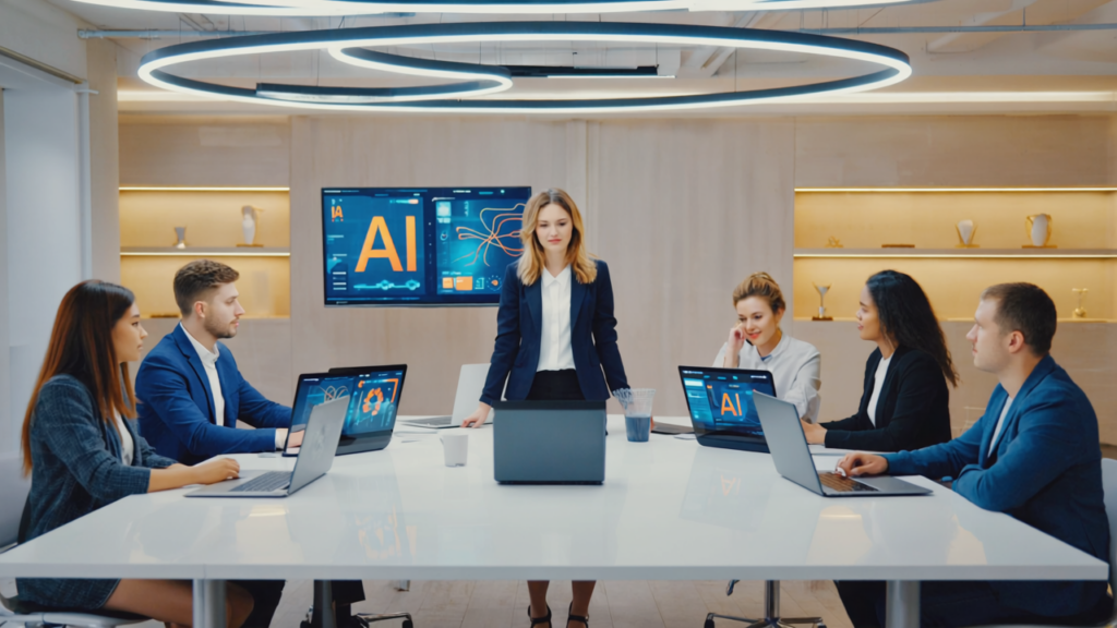 Marketing professionals in a modern Manchester office collaborating over AI-driven digital marketing dashboards with charts and graphs.