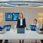 Marketing professionals in a modern Manchester office collaborating over AI-driven digital marketing dashboards with charts and graphs.