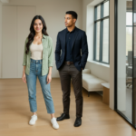 Sara and Zak engaged in a professional conversation in a modern UK office, expressing confidence and calm as they discuss visual identity.