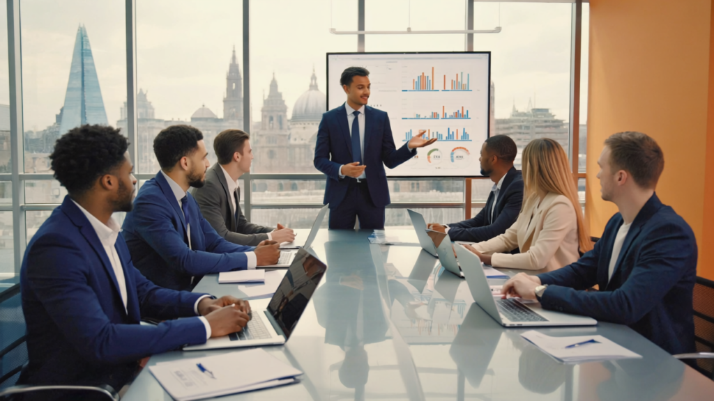 UK business professionals in a London office collaborating on SEO strategy with laptops showing analytics dashboards and charts indicating growth.