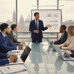 UK business professionals in a London office collaborating on SEO strategy with laptops showing analytics dashboards and charts indicating growth.
