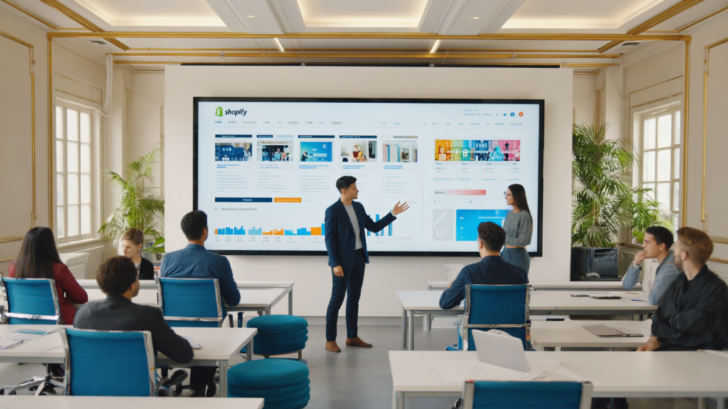 A modern UK office with diverse professionals collaborating around a screen showing Shopify dashboard and storefront previews, symbolizing eCommerce innovation.