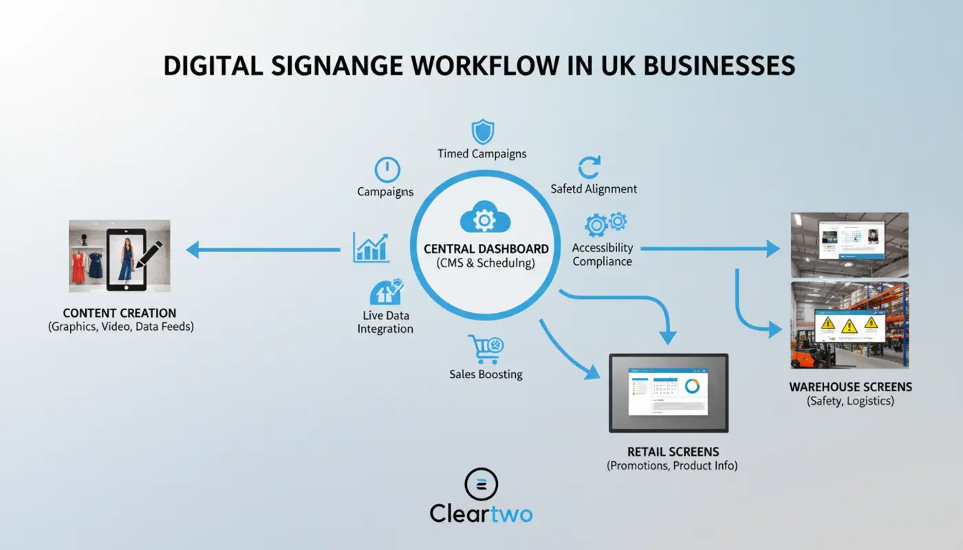 Digital signage screen displaying real time business updates in a UK workplace