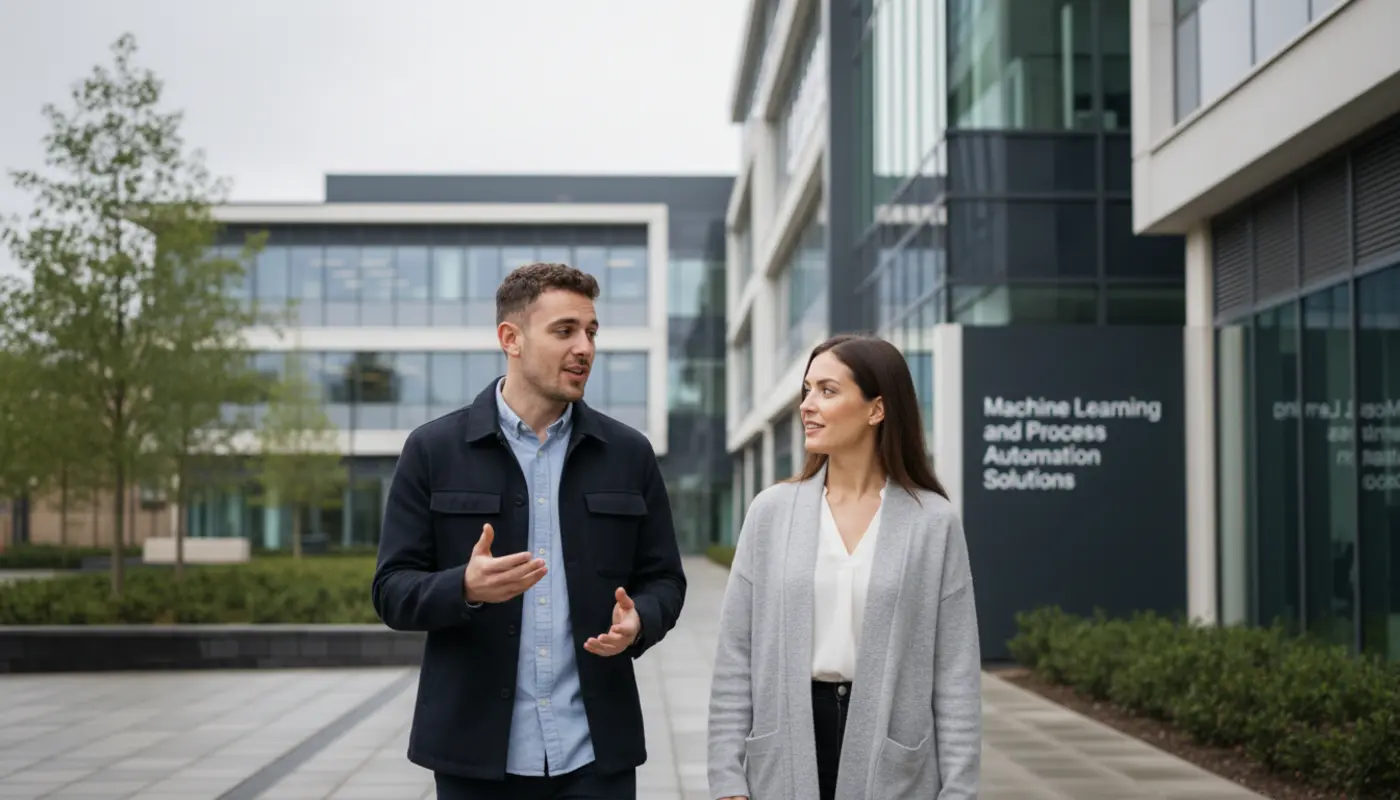 A UK team reviewing data dashboards in a modern office