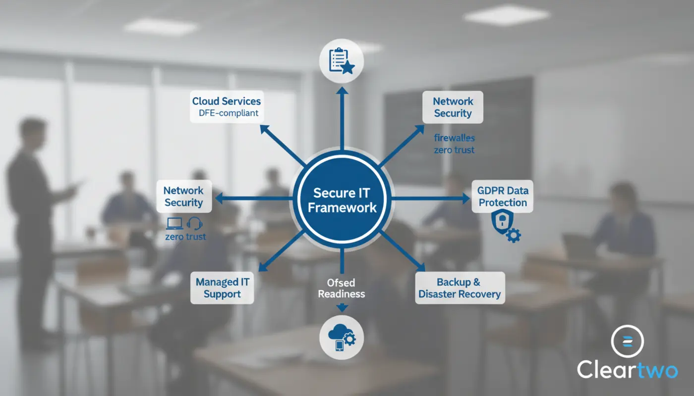 School technology team reviewing secure IT network in a modern classroom