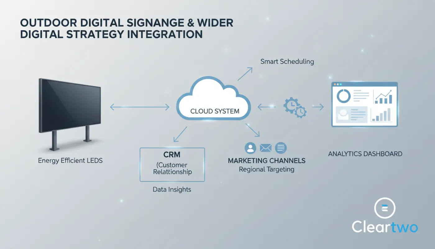Outdoor digital signage display in a busy UK street
