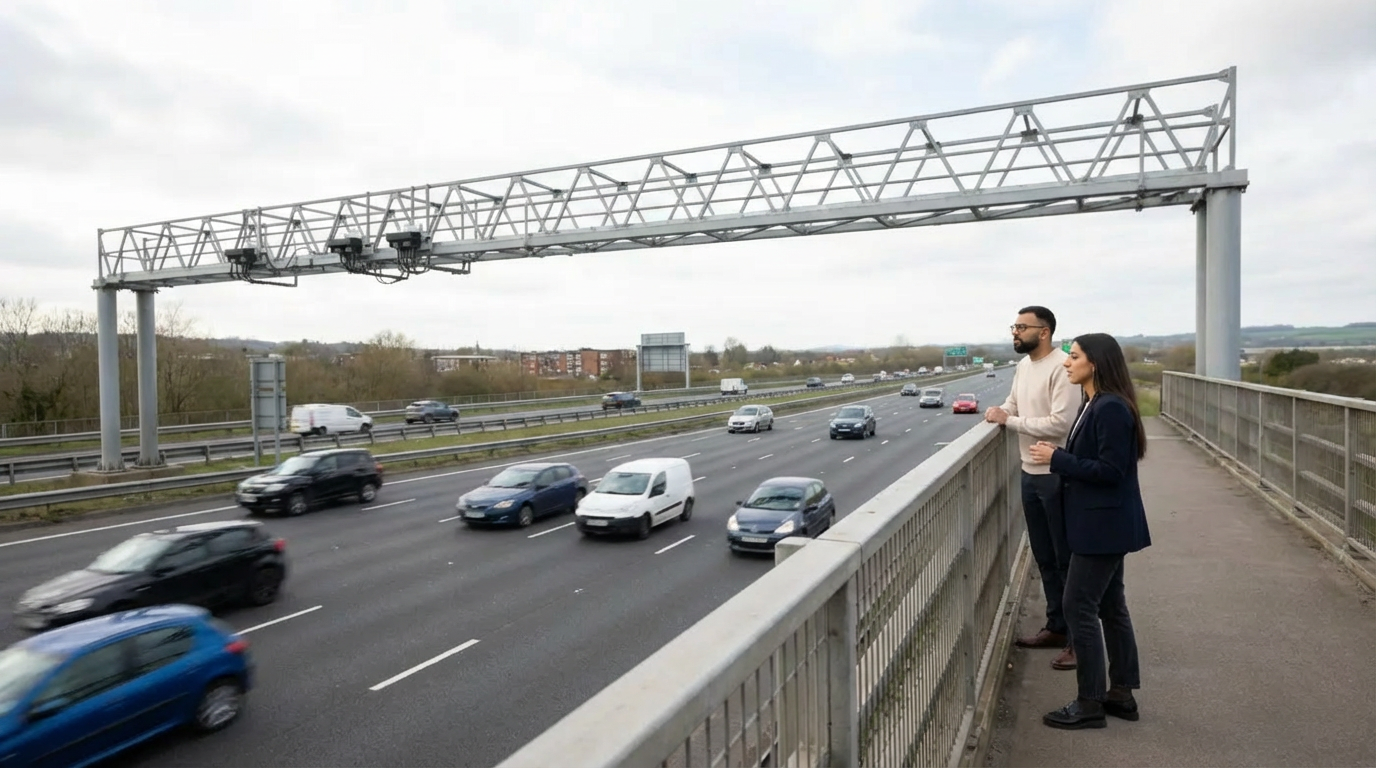 Omer and Sara inspecting a UK motorway gantry discussing AI camera positions.