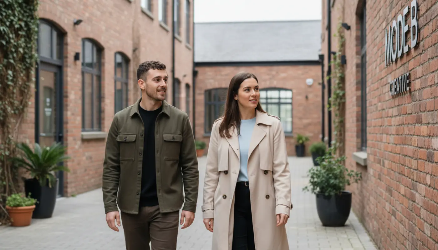 UK graphic designer reviewing AI generated concepts on screen with hand drawn sketches on desk