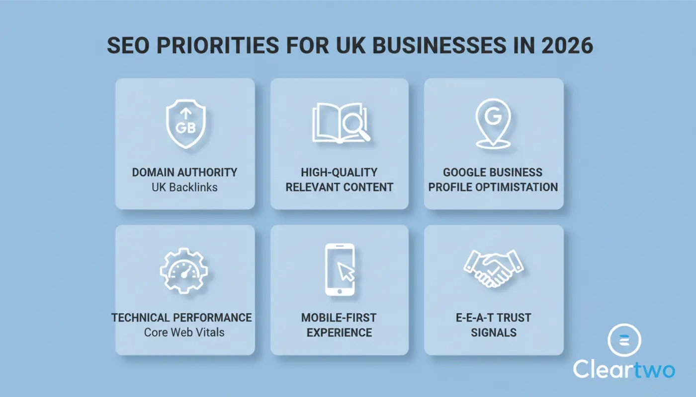SEO ranking factors including backlinks, content quality, page speed, mobile usability, and local search signals connected to a central website icon