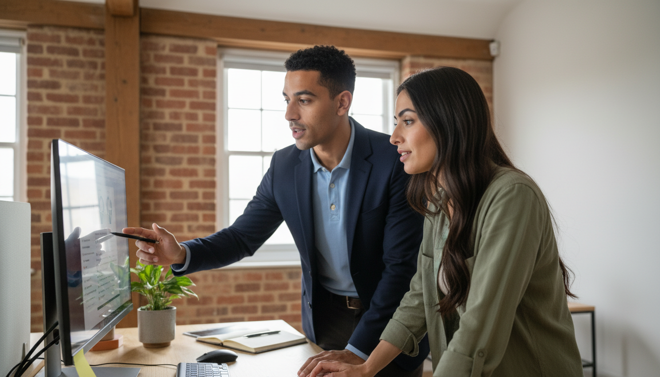 Zak and Sara walking outside a UK office building, discussing work together.