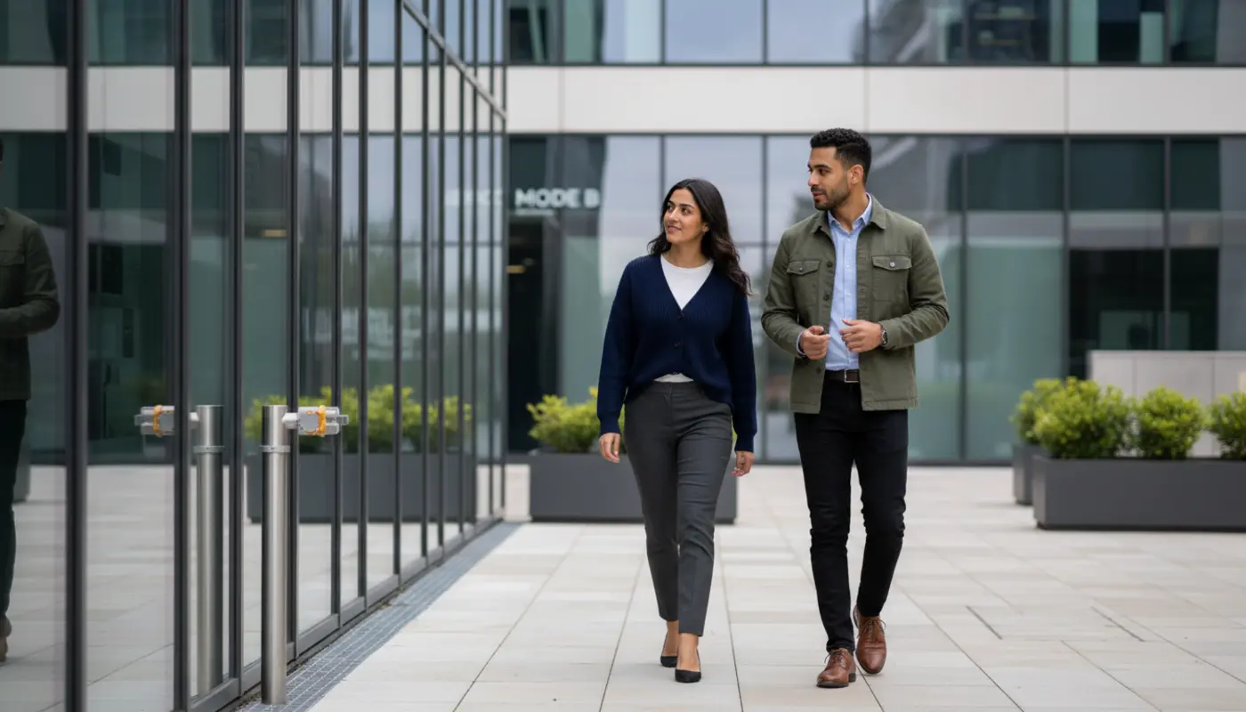 Emails transferring from an office server to a secure cloud platform with a UK business team reviewing the process on laptops
