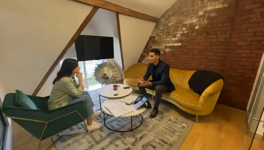 Zak and Sara discussing VoIP content strategy in a bright modern office with an IP handset nearby.
