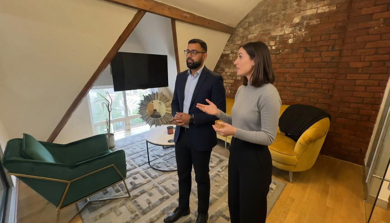 Omar and Jessica walking along a UK high street discussing local SEO work.