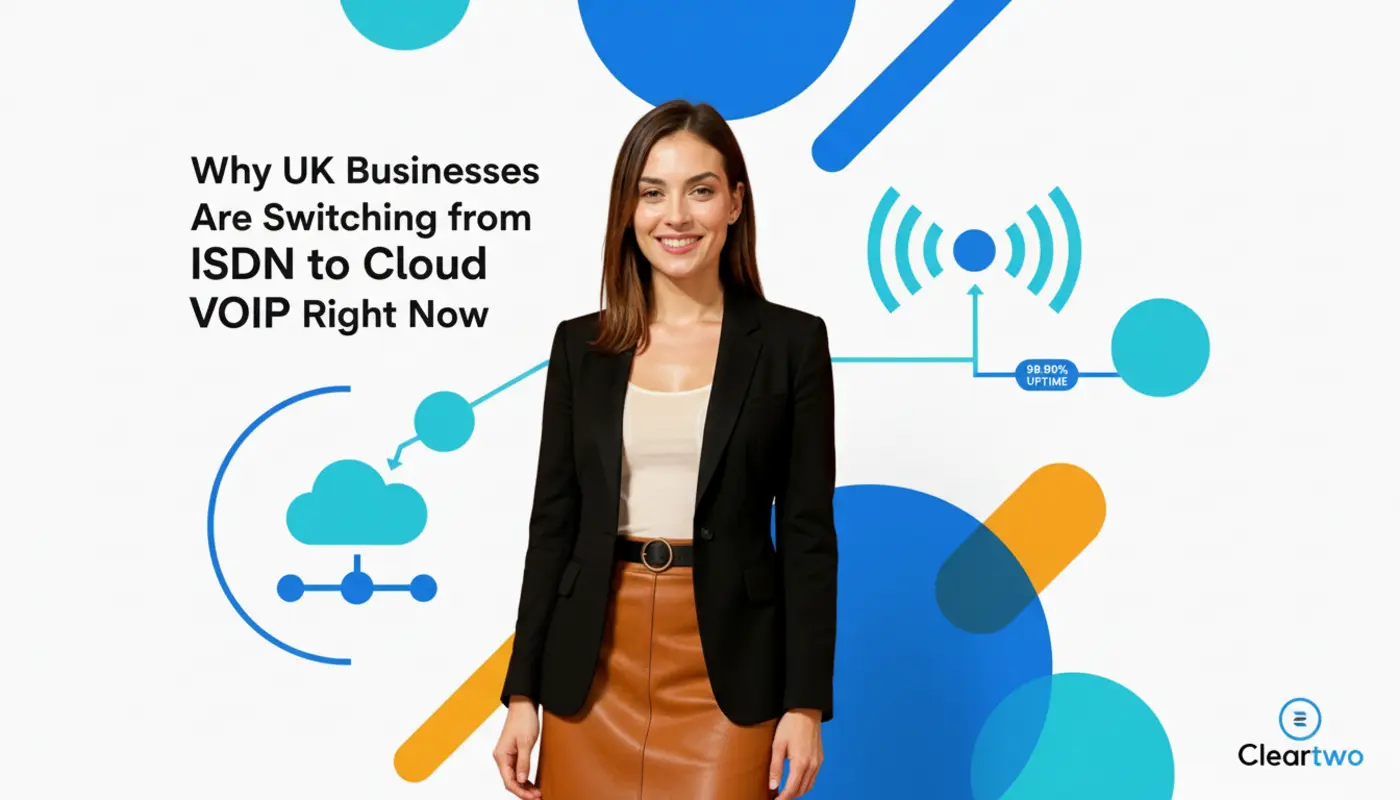 Professional portrait of Jessica against bright geometric VoIP‑themed graphics about ISDN to cloud migration.