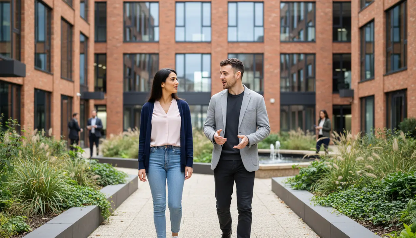 UK business owner planning website structure on a laptop with notes and wireframes on a desk