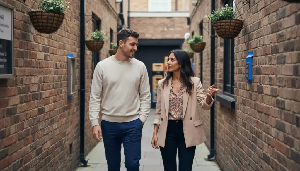 Adam and Sara outside a UK restaurant service walkway discussing outdoor digital signage installation.