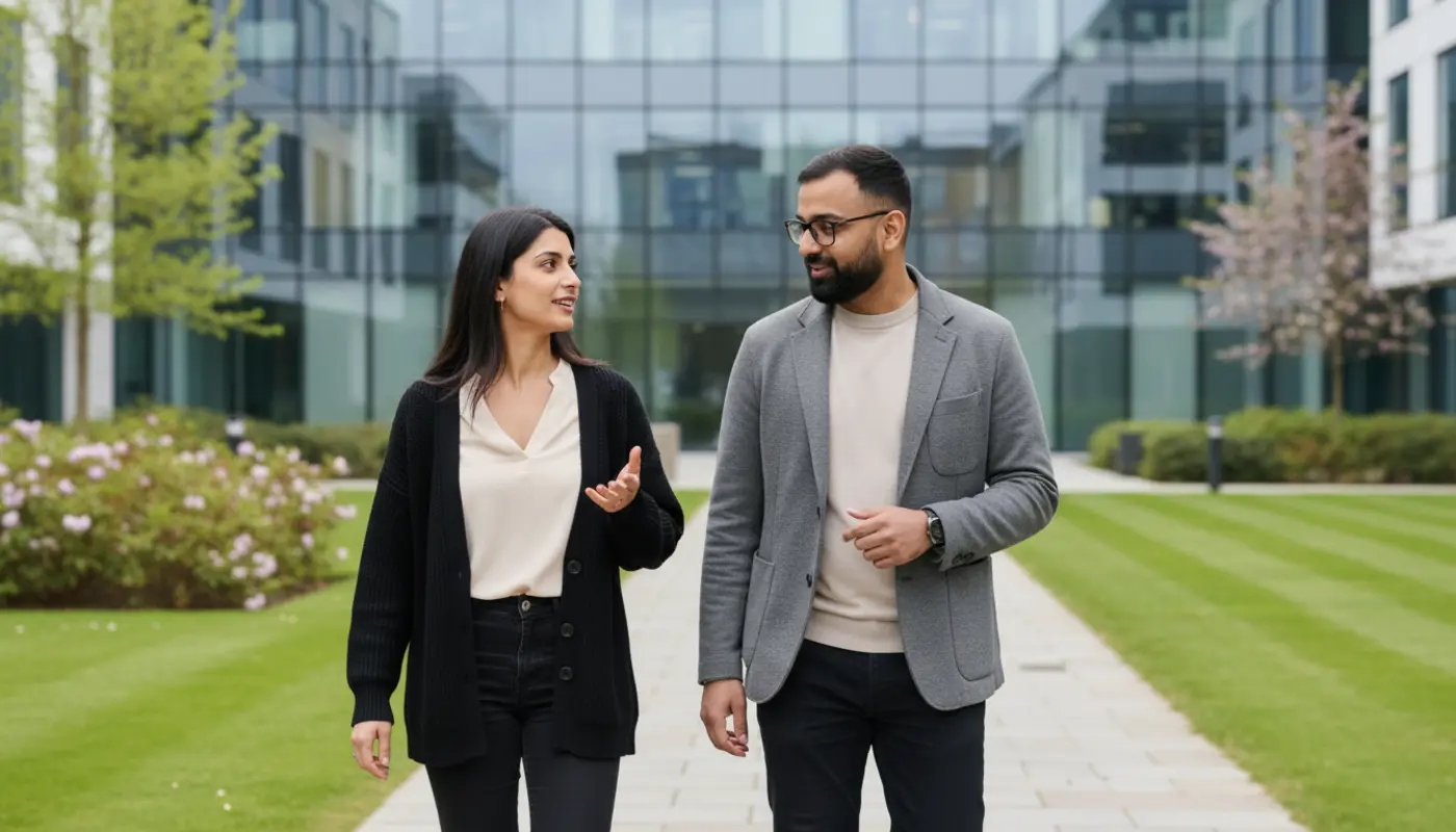 Office digital signage screen displaying company updates and KPIs in a modern UK workplace