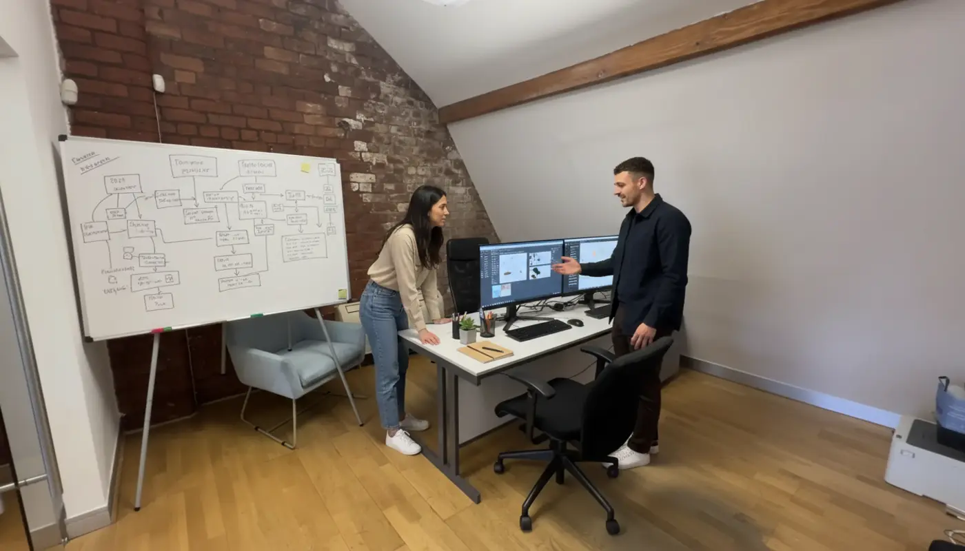 Designer sketching storyboard frames from a written script in a creative studio