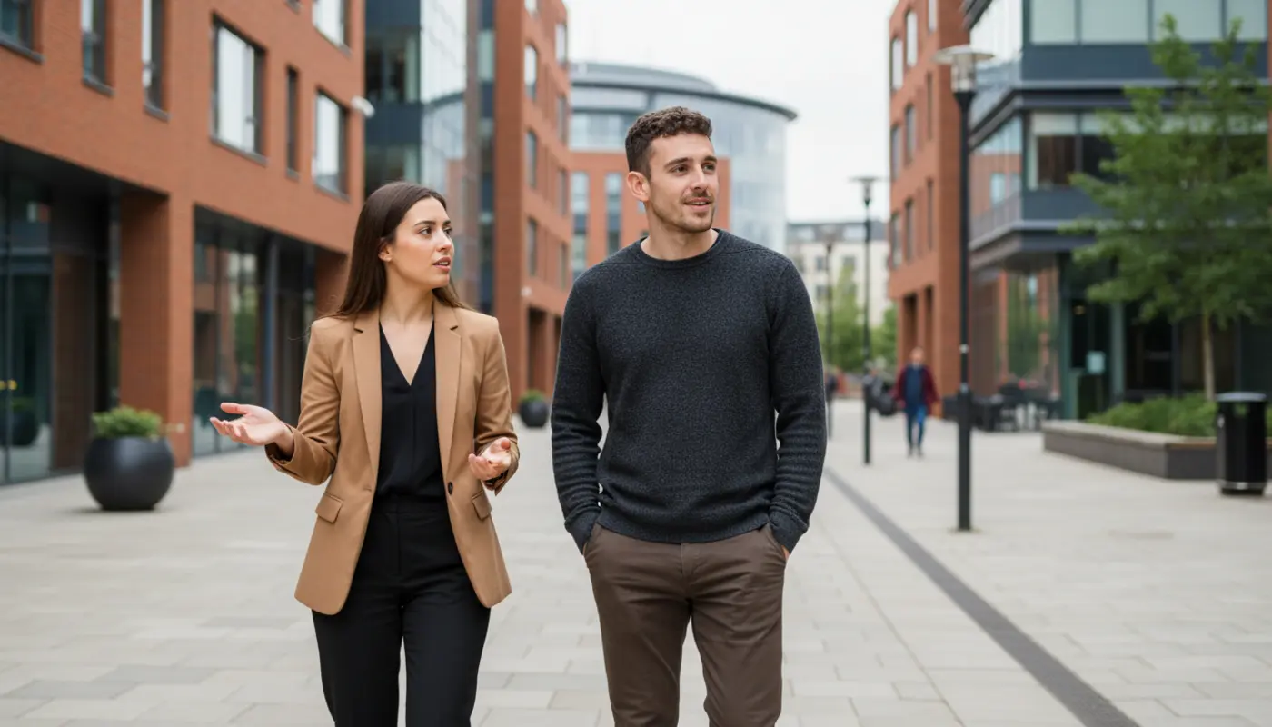 UK business owner reviewing graphic design portfolios on a laptop with branding sketches on desk
