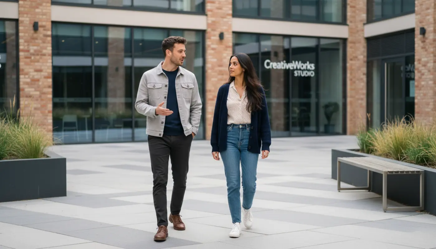 Graphic designer working on Adobe Illustrator with colour palettes and layout grids on screen