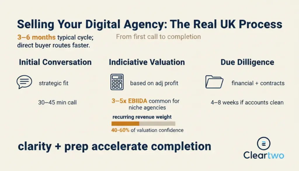 Infographic showing a UK agency sale timeline with hero stat, sections, and valuation factors in a clean editorial style.