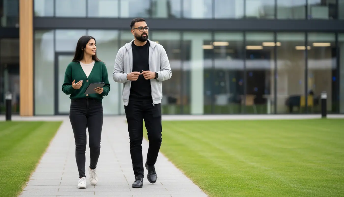 UK creator planning structured social media content on a desk with notebook and phone