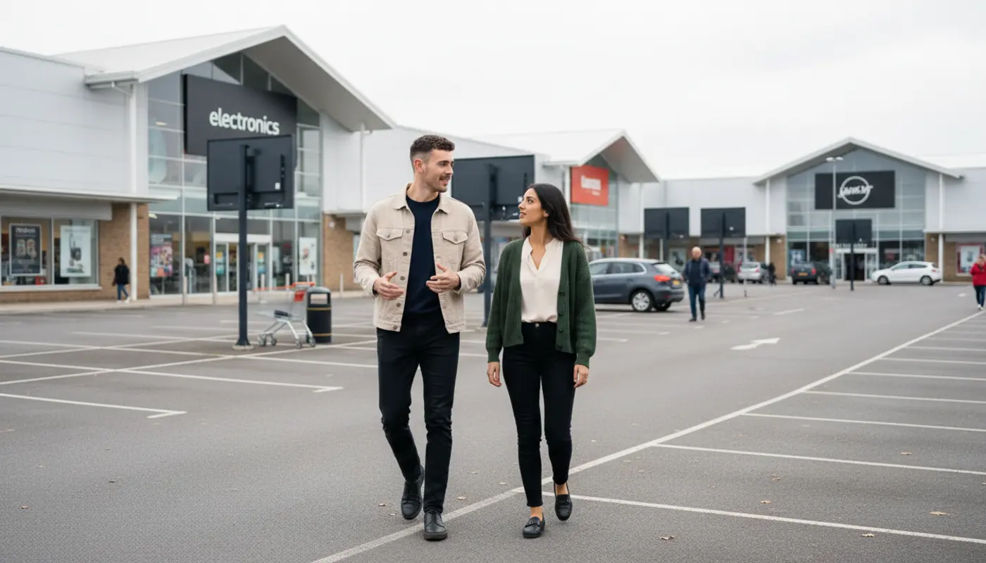Modern UK retail store using digital signage screens for promotions and customer engagement