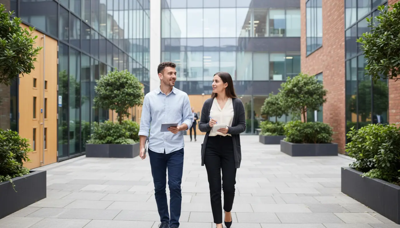 UK sales team reviewing CRM dashboard data on office screen