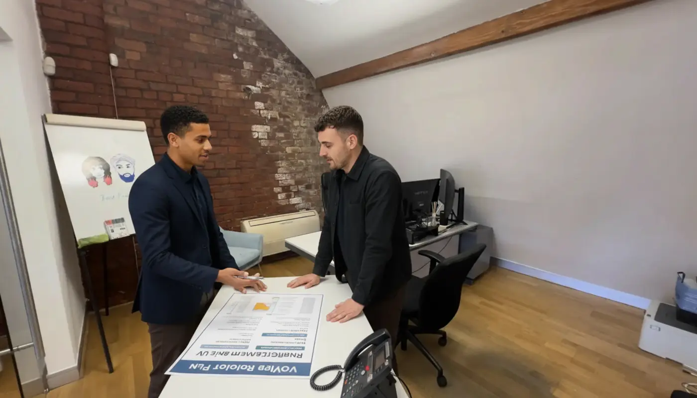 Business team reviewing VoIP phone system options