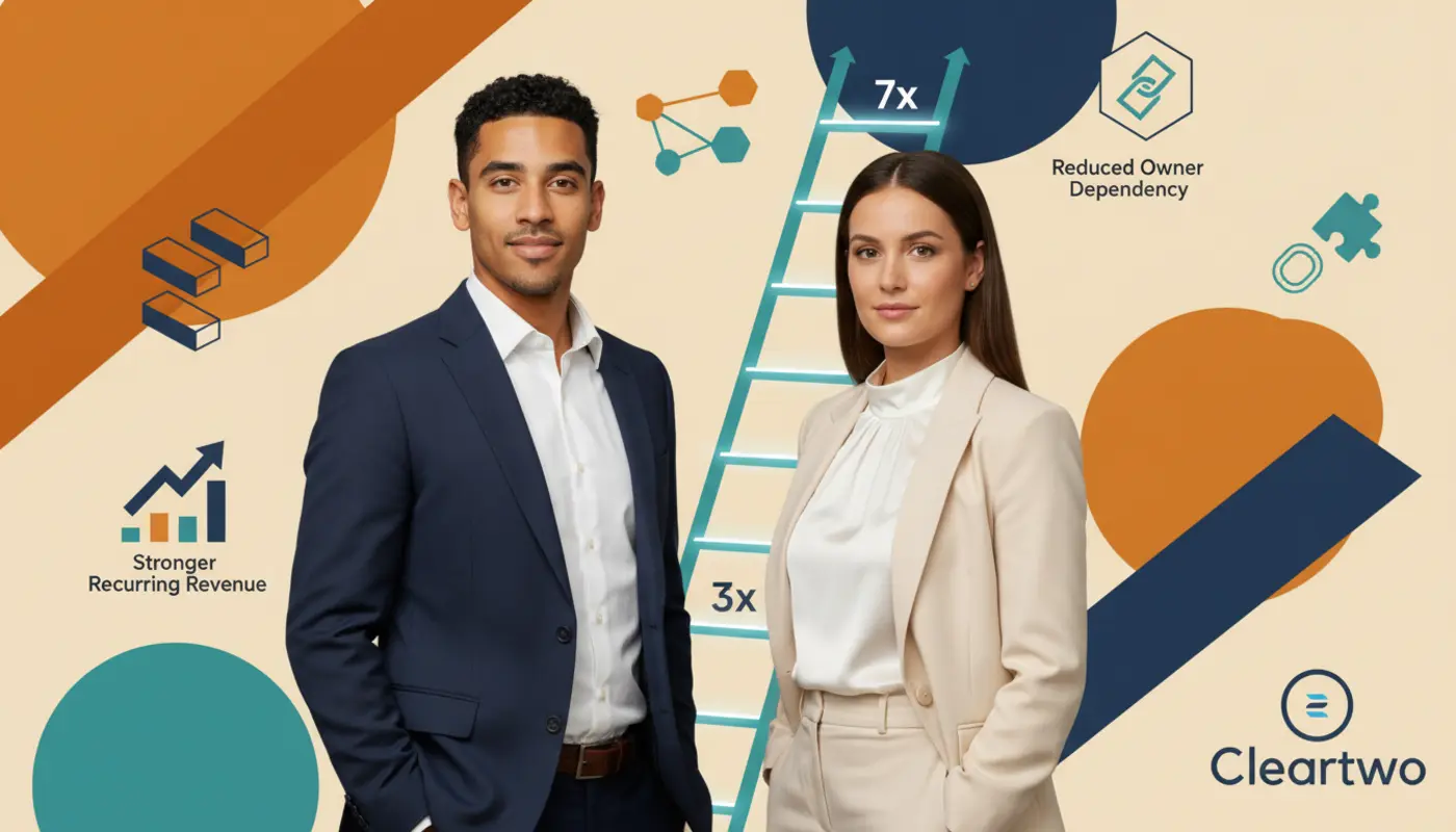 Zak and Jessica stand confidently before an editorial geometric backdrop symbolising SEO agency valuation growth.