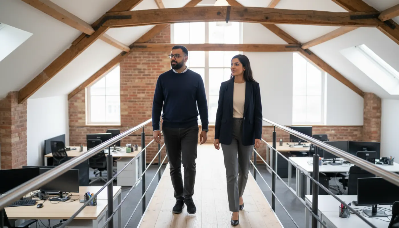 UK social media agency team reviewing financial reports during acquisition process
