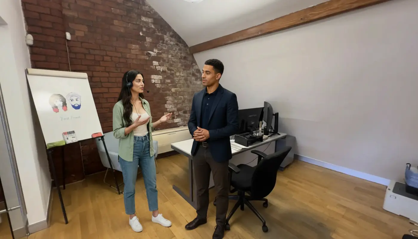 Estate agent using VoIP phone system in modern office