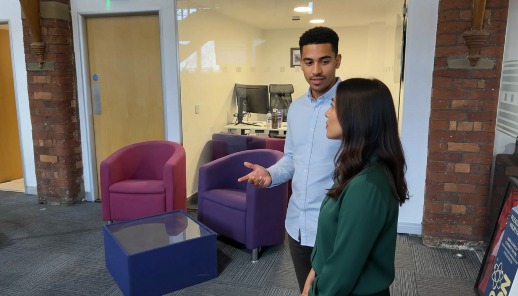 Zak and Sara discussing email marketing costs in a UK office environment, captured mid-discussion.