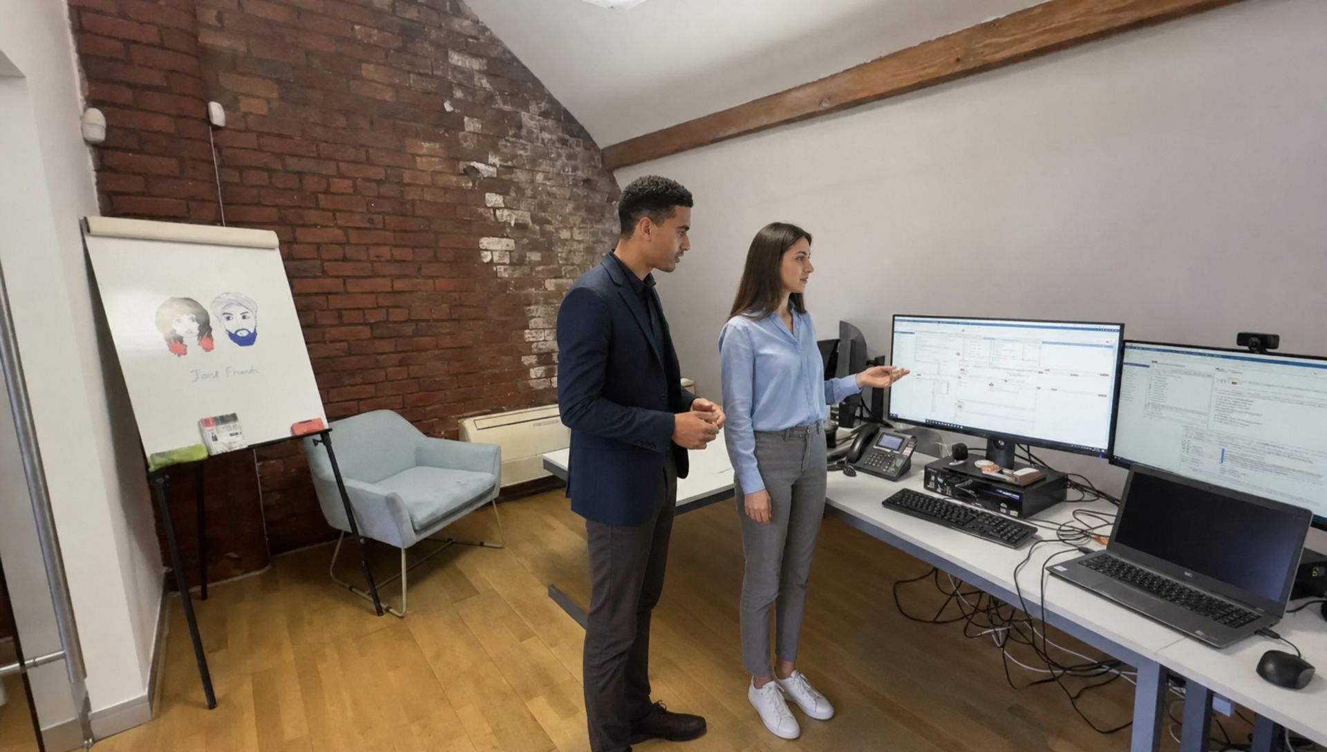 Zak and Sara discussing an IT security check inside a UK office.