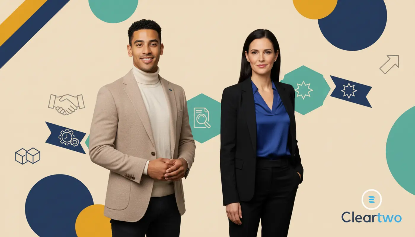 Zak and Jessica stand before a geometric timeline‑themed backdrop representing the duration of selling a UK digital agency.