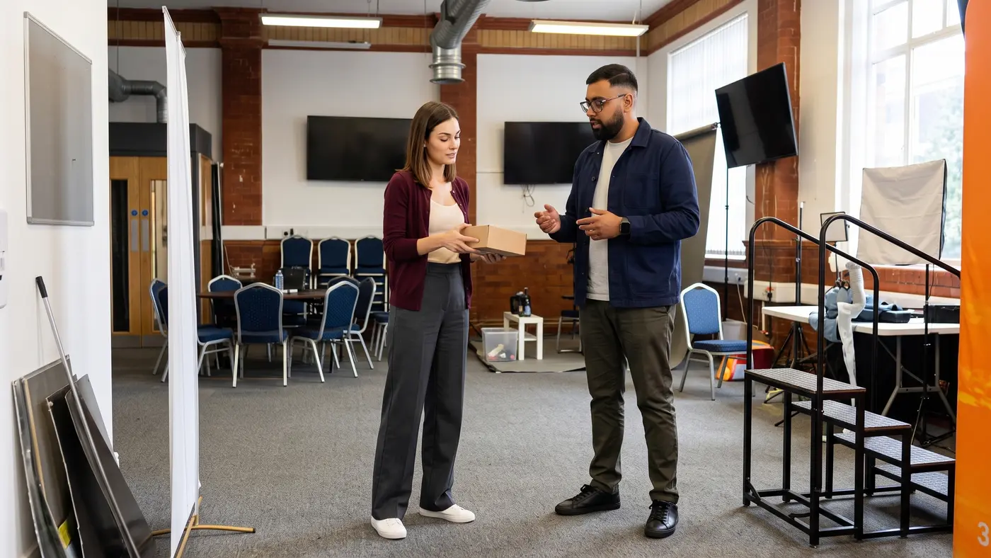 Two colleagues discuss a small parcel on a bright office floor.