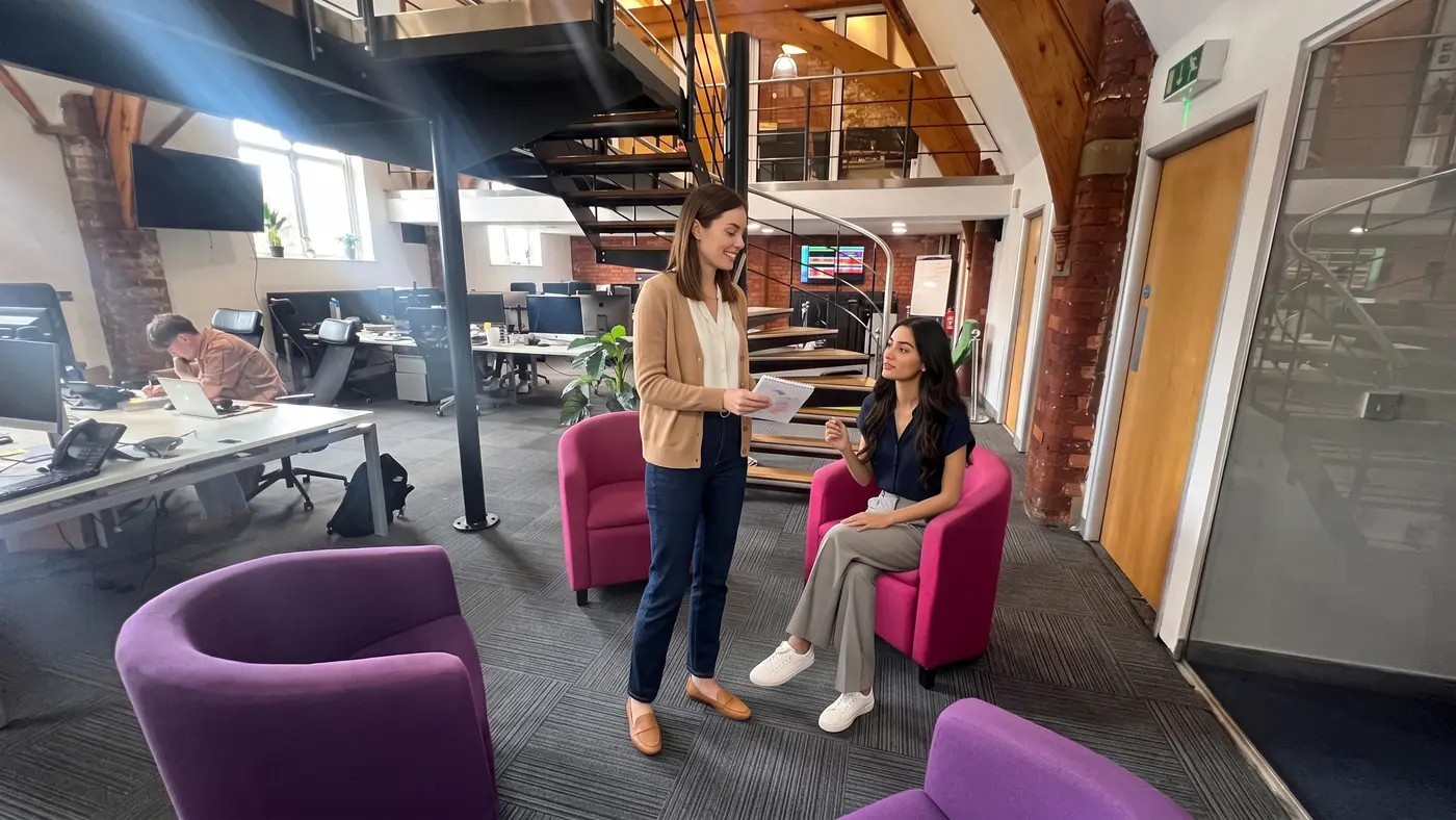 Two colleagues review a small notepad beside colourful armchairs in a bright office