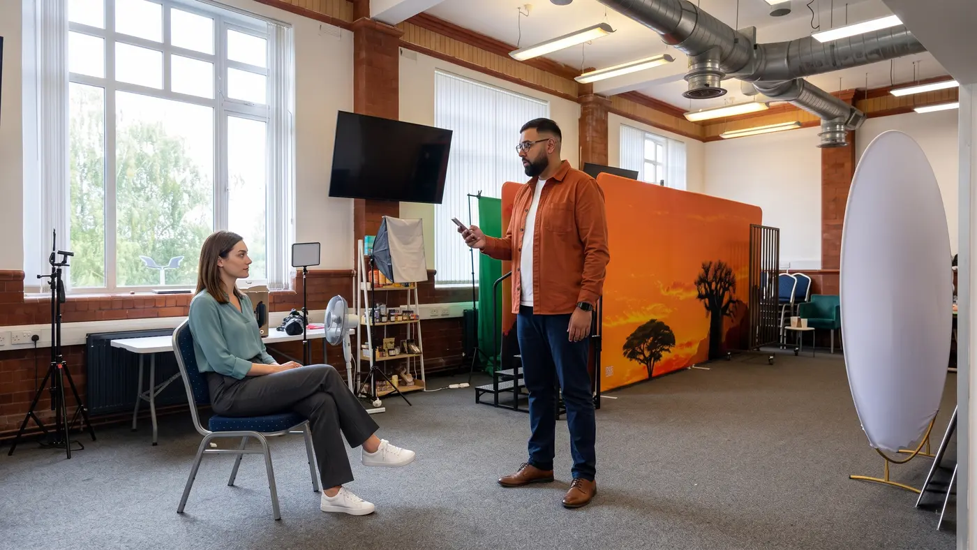 Two colleagues in an office look at a phone while discussing global social connections
