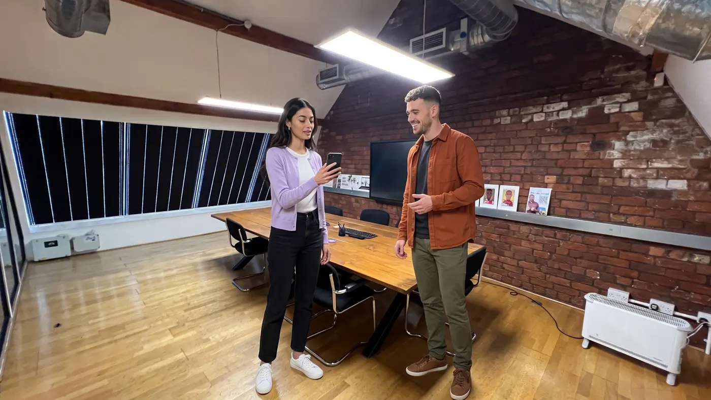 Two colleagues in a meeting room rehearse a phone-led TikTok Live plan
