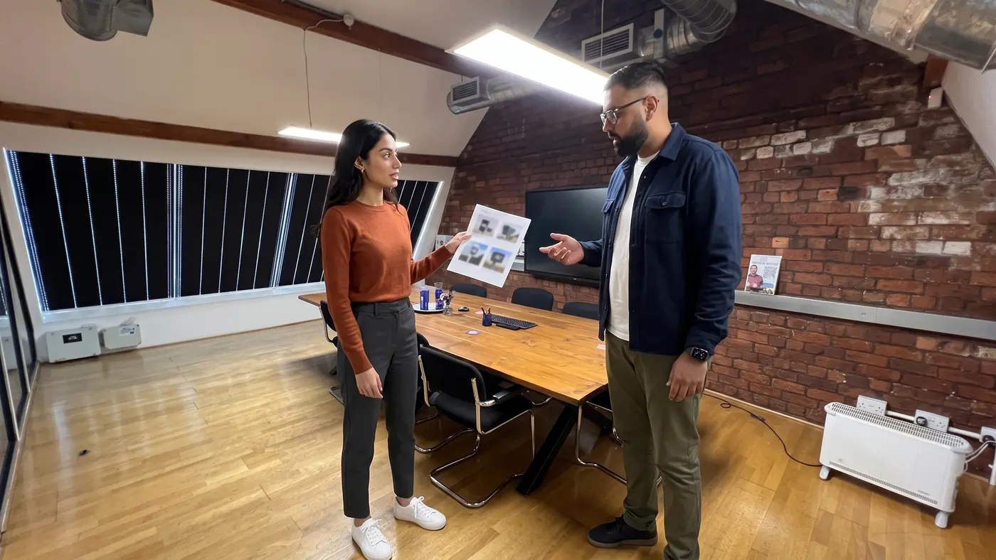 Two colleagues compare blurred camera printouts beside a meeting table in a modern office
